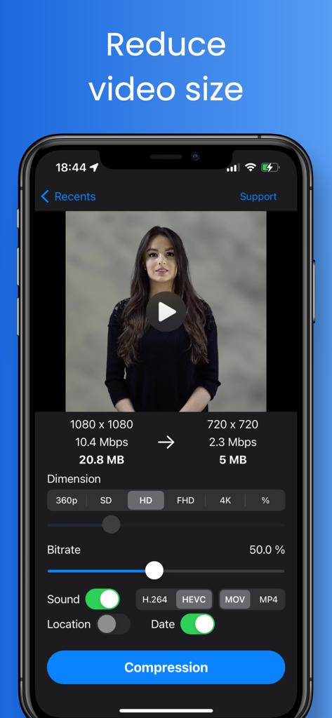 Mobile app interface showing video compression settings to reduce file size from 20MB to 5MB