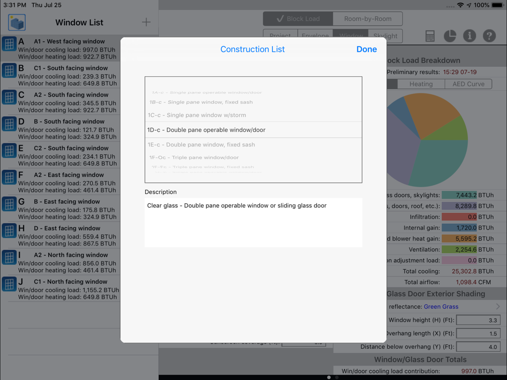 HVAC ResLoad-J - HVAC ResLoad-J app showing the construction list for selecting double pane window types on an iPad