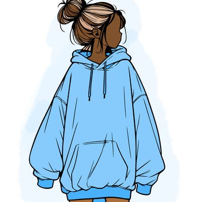 realistic girl with a oversized sweatshirt on and a bun