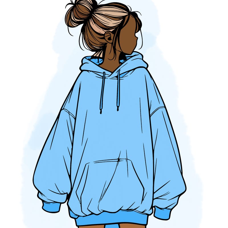 realistic girl with a oversized sweatshirt on and a bun