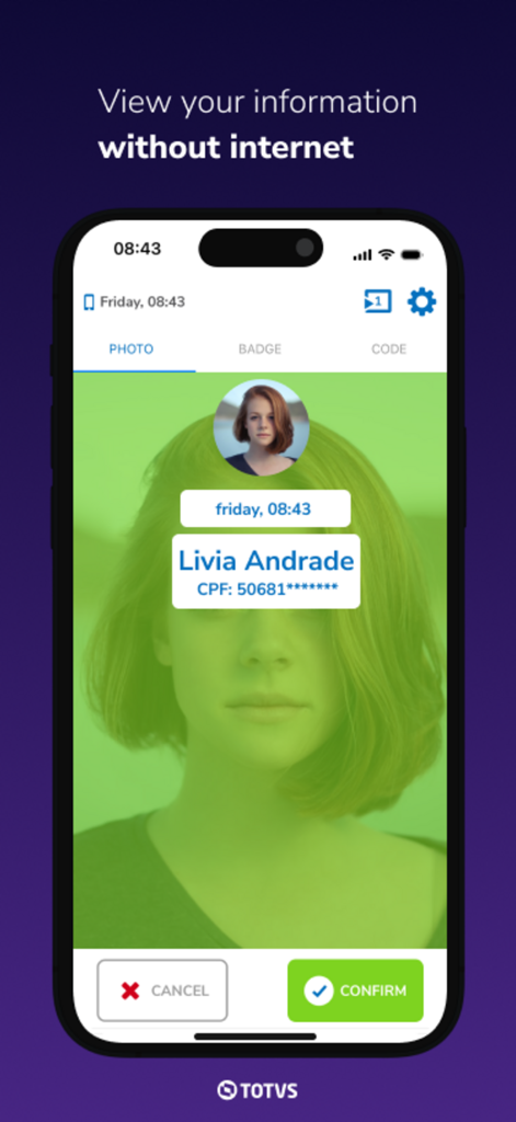TOTVS RH Clock In - Interface do aplicativo TOTVS RH Clock In mostrando reconhecimento facial para controle de frequência do funcionário.