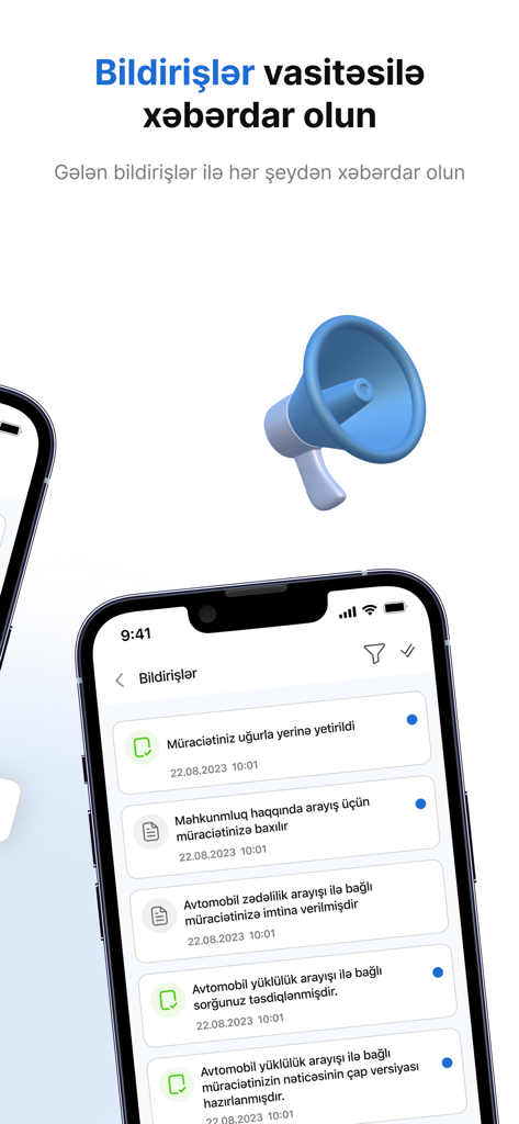 Écran de smartphone montrant le centre de notifications de l'application E-polis avec des mises à jour de statut administratives et une icône de mégaphone bleue.