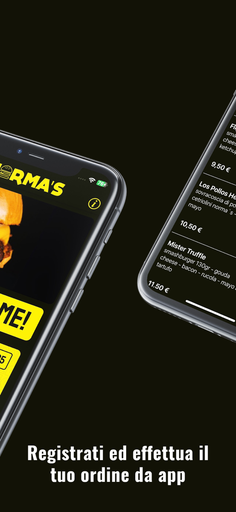 Dos iPhones mostrando la aplicación Norma's Burger Bar con una lista de menús de hamburguesas gourmet y una invitación para registrarse y pedir directamente desde la aplicación móvil.