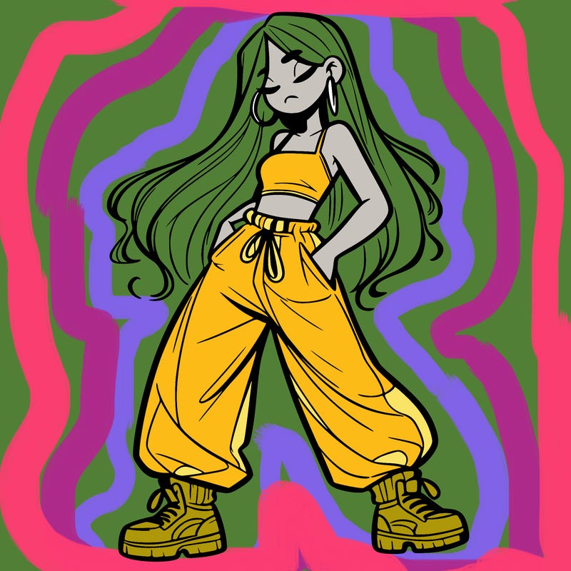 girl in baggy pants crop top and long hair
