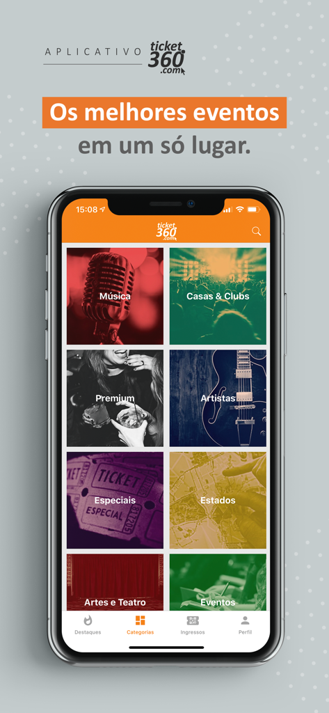 Ticket360 - Ticket360 app home screen displaying event categories on a mobile phone