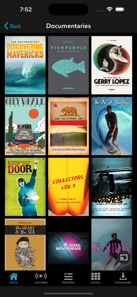 TheSurfNetwork app interface showing a collection of surf documentaries
