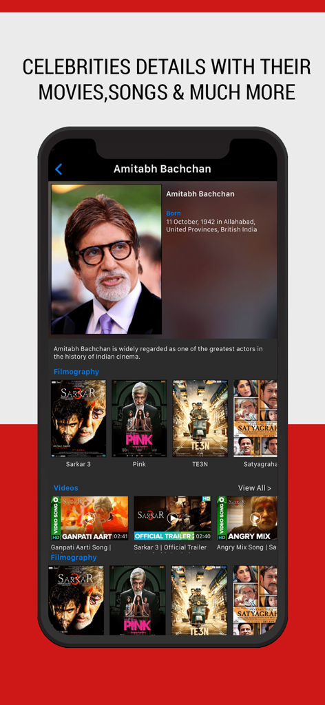 IndiaTVShowz - Bollywood App - A celebrity profile page in the IndiaTVShowz app featuring Amitabh Bachchan's bio, filmography, and related videos.