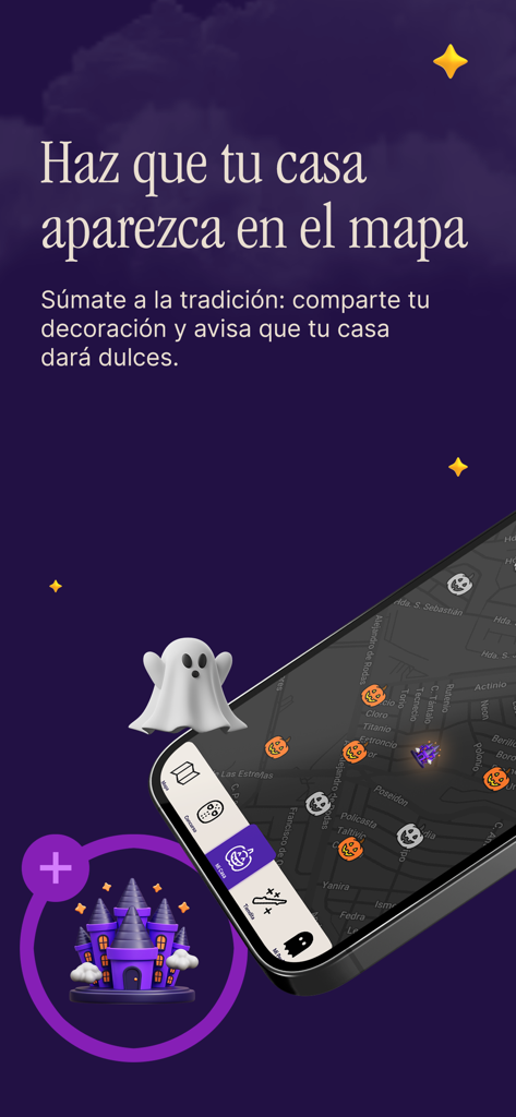 Interfaccia della mappa nell'app Dulce Halloween che mostra case decorate con icone spettrali.