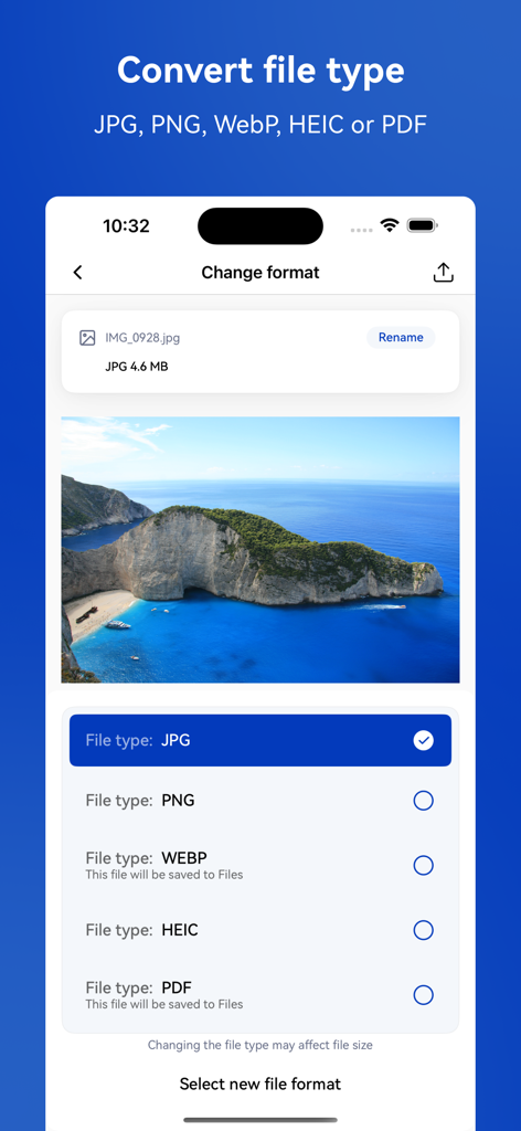 Photo & Picture Resizer - Interfaccia dell'app che mostra le opzioni per convertire i formati di file delle foto in JPG, PNG, WEBP, HEIC o PDF