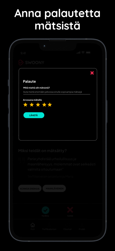 Swoony Matchmaking - Swoony app interface showing a feedback form to rate a match with a five-star system and text input for expert matchmakers.