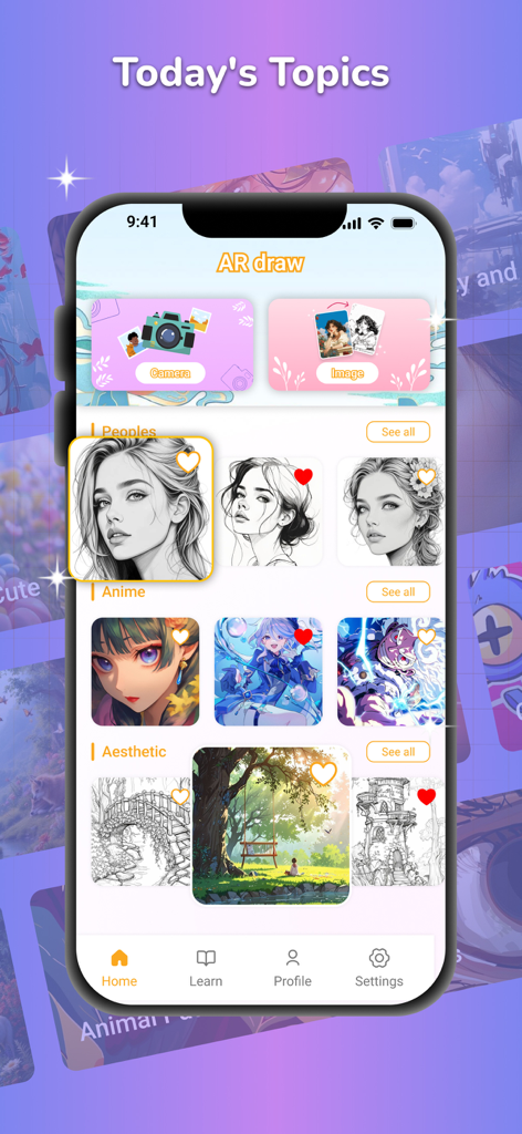AR Drawing - Trace Drawing - Interface of the AR Drawing app showing categories for tracing anime and portrait sketches.