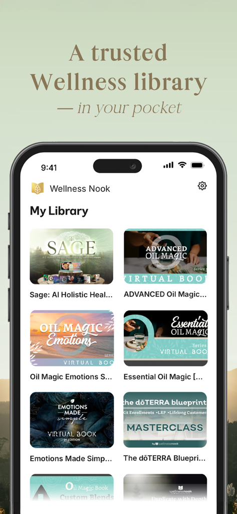 Wellness Nook app interface showing a curated library of holistic health masterclasses and virtual books.