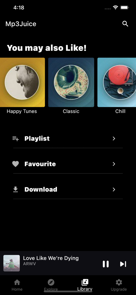 Mp3 Juice - Mp3 Juice app library interface with categories like Happy Tunes and Chill along with playlist and download options