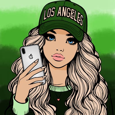 realistic beautiful girl wearing los ángeles cap holding an iphone
