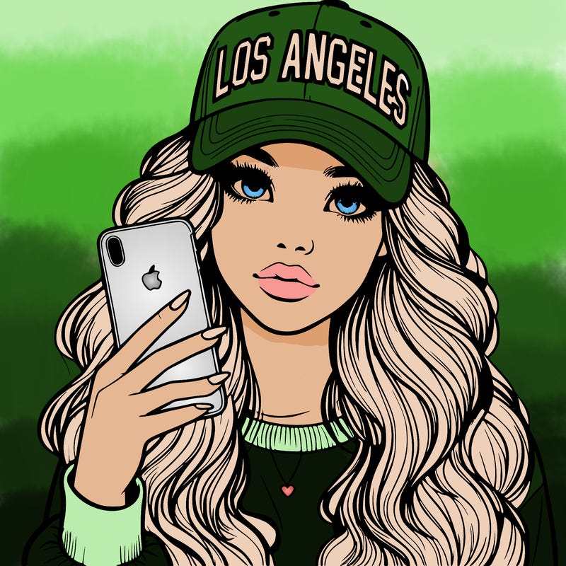 realistic beautiful girl wearing los ángeles cap holding an iphone