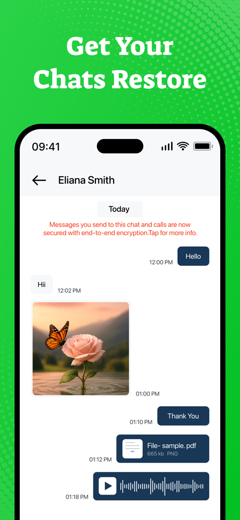 Interface do aplicativo WAMR mostrando um chat restaurado com mensagens de texto, uma imagem, um arquivo PDF e uma nota de voz