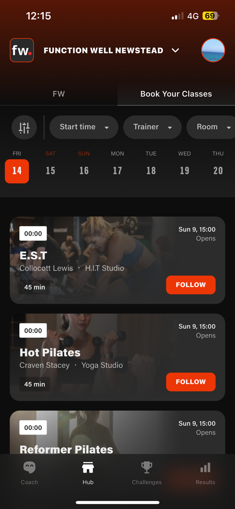 Function Well - Interface of the Function Well app showing class booking options for Pilates and HIIT training.