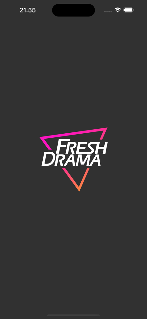 Fresh Drama - Pantalla de inicio de la aplicación Fresh Drama con un logo de triángulo rosa neón y naranja sobre un fondo gris oscuro