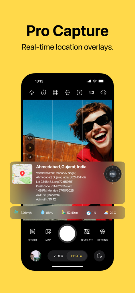 Geo Timestamp : GPS Map Camera - Mobile app interface showing a photo with a real-time GPS location data and map overlay