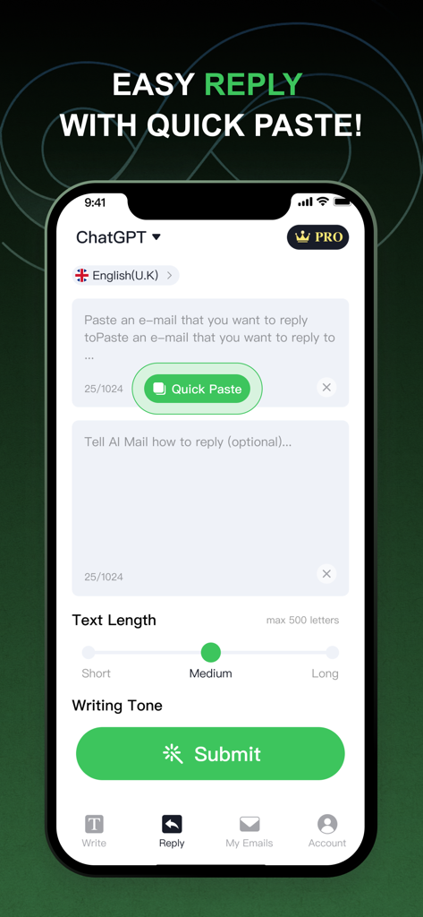 AI Email: AI Writer Assistant - AI Emailアプリのインターフェースで、テキストの長さとトーンのオプションが表示されたクイックペーストとメール返信機能が表示されています。
