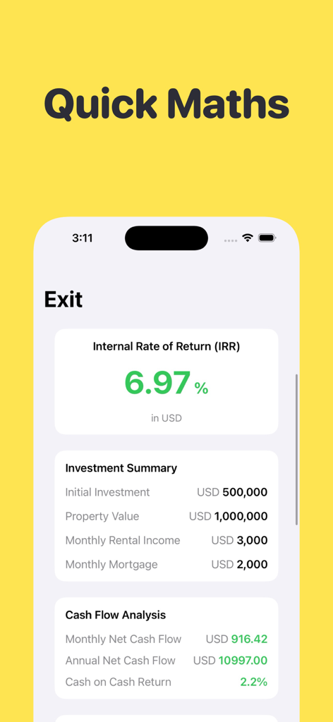 Real estate investment summary screen in IRR Calculator app displaying internal rate of return and cash flow details