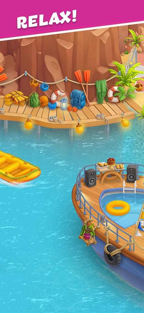 Una cubierta de barco relajante con una piscina y un muelle de verano en el juego Open House