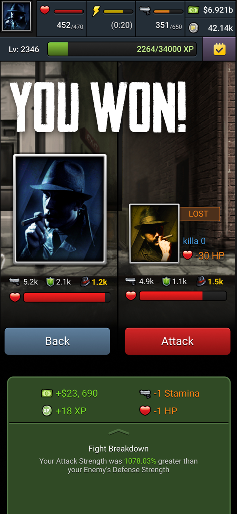Mob Wars LCN: Underworld Mafia - A victory screen in the Mob Wars LCN game showing fight stats and rewards.