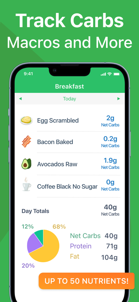 A phone screen showing a keto diet app food log with net carb tracking and a macro pie chart