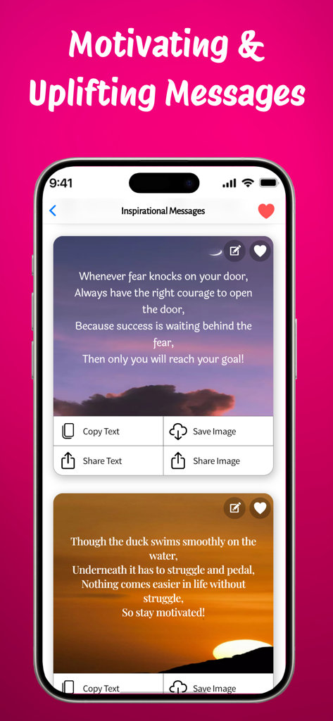 Love Messages, Birthday Wishes - Inspirational and motivational message cards within the app featuring sharing and save options