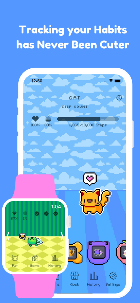 Habbie: Habit Tracker & Pet - Habbie habit tracker app interface showing pixel art pets and step progress on iPhone and Apple Watch