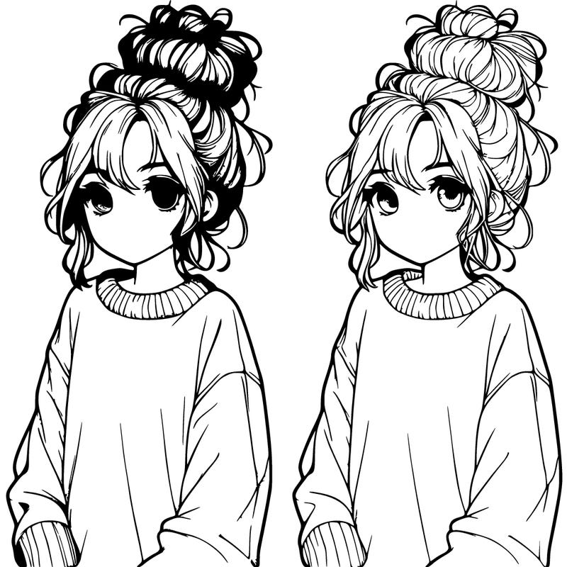 realistic cute girl with messy bun and baggy sweater