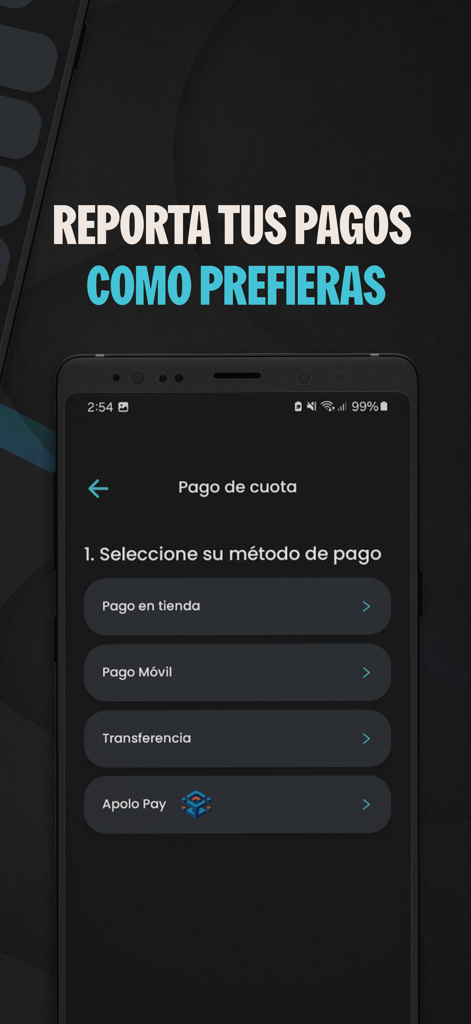 Krece - Ein mobiler App-Bildschirm, der mehrere Zahlungsoptionen für Raten anzeigt, darunter im Geschäft, mobile Zahlung und Banküberweisung.