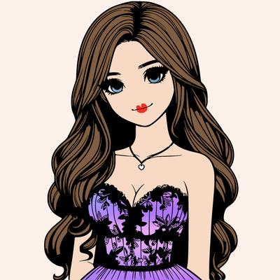 realistic girl with long hair and pretty prom dress