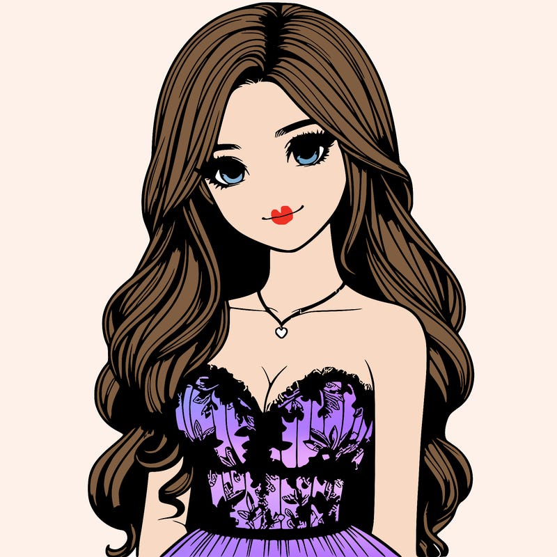 realistic girl with long hair and pretty prom dress