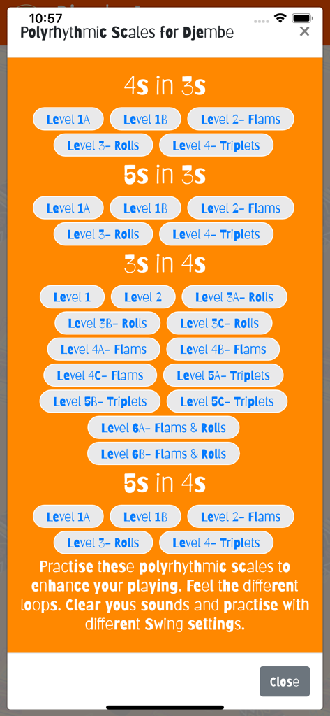 Djembe Loops - Polyrhythmic scales selection screen in the Djembe Loops app featuring various difficulty levels