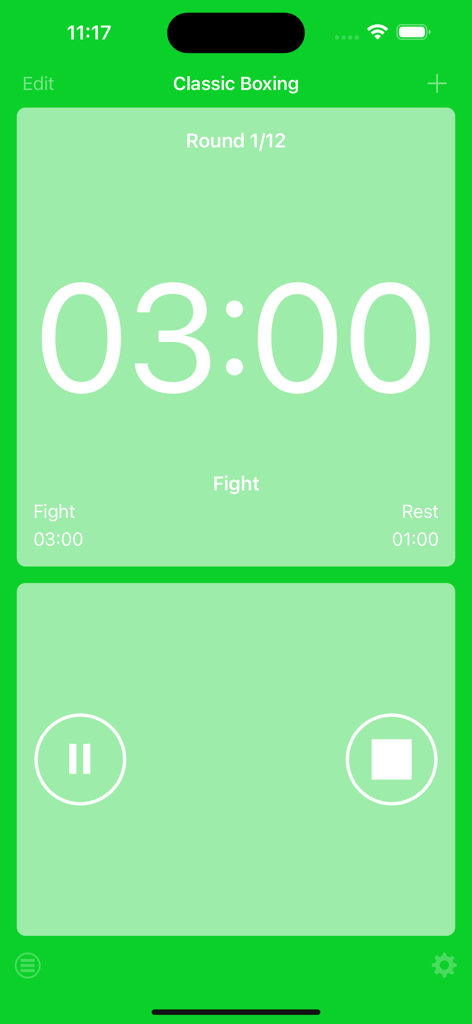 Boxing Interval Timer - Box Intervall Timer-Oberfläche, die eine dreiminütige Kampfrunde mit grünem Hintergrund zeigt