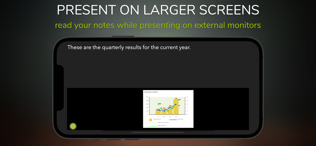 Perfect+ for Presentations - Una pantalla de iPhone que muestra el modo conferenciante con notas de presentación y una vista previa de la diapositiva para monitores externos.