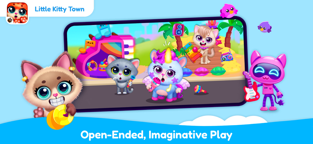 Little Minds: Game Bundle - Gatos de dibujos animados coloridos y un personaje de unicornio tocando instrumentos musicales en el juego Little Kitty Town