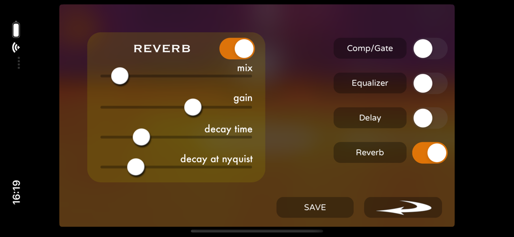 The reverb settings screen in the Funk Drummer app showing sliders for mix gain decay time and decay at nyquist along with effect toggle switches