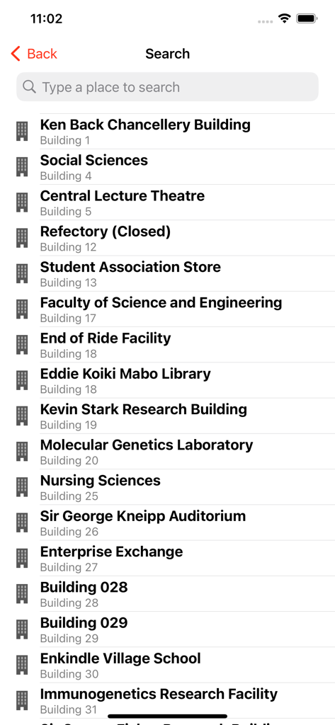 JCUNav app search screen displaying a list of university campus buildings and their corresponding numbers.