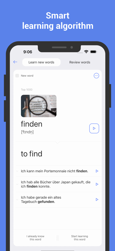 Learn German with Flash cards - Mobile app screen showing a German flashcard for the word finden with example sentences and phonetic pronunciation.