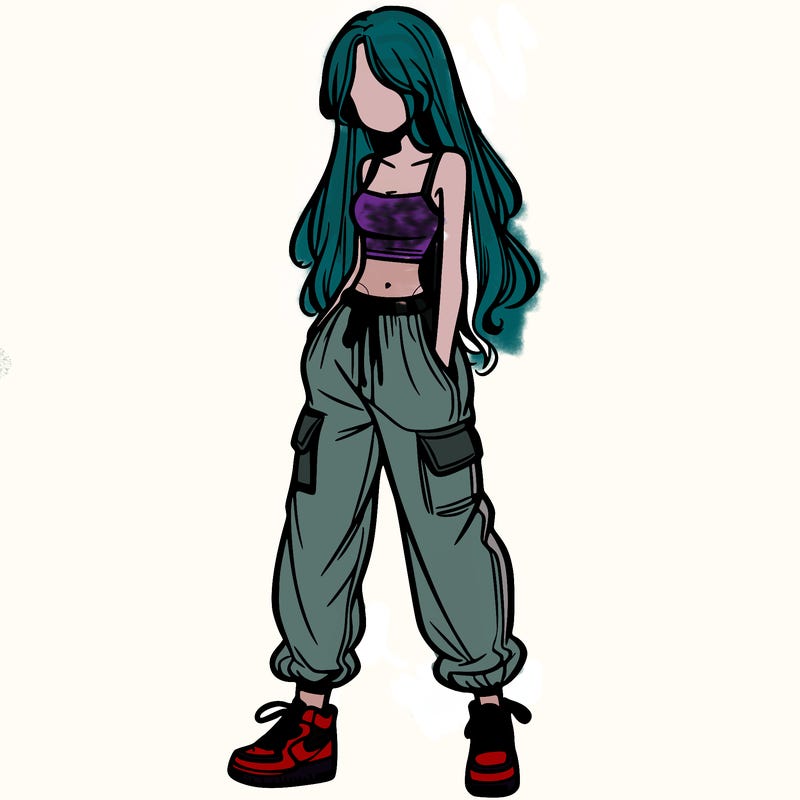 girl in baggy pants crop top and long hair