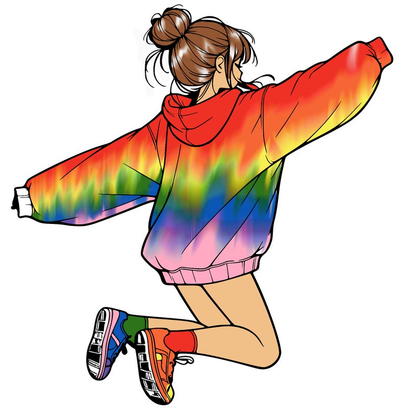 realistic girl jumping with a bun and oversized sweatshirt