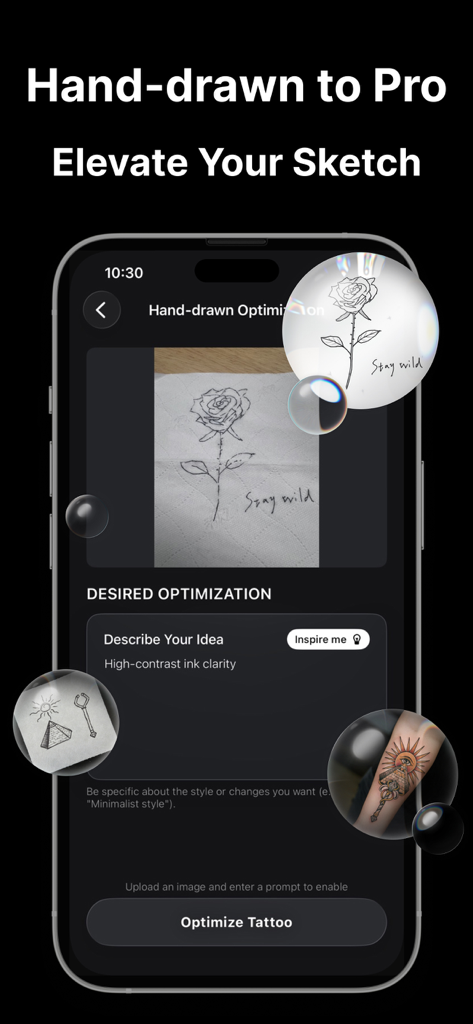 AI Tattoo-Ink Design Generator - Una interfaz móvil que demuestra la conversión de un boceto de rosa dibujado a mano en una servilleta en un diseño de tatuaje profesional usando IA