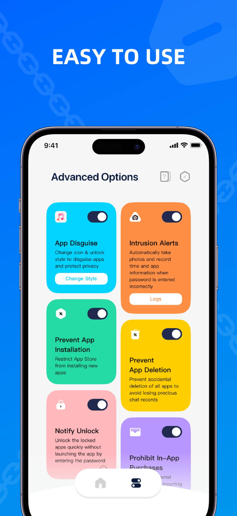 Interface do App Lock mostrando recursos de segurança avançados e opções de controle parental