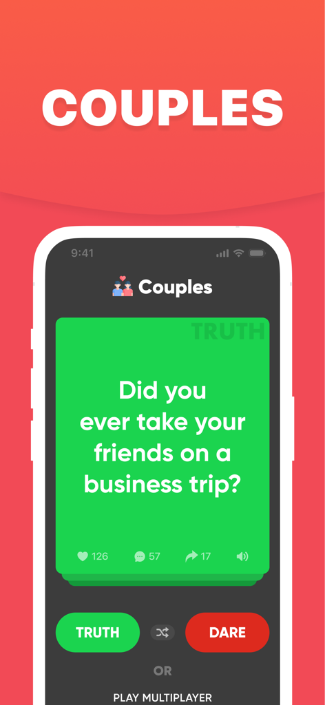 Truth or Dare Teen Party Games - Truth or Dare party game app showing the couples level truth question card.