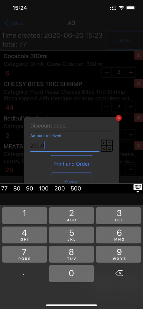 Tela de checkout do aplicativo EASY POS mostrando um teclado numérico e itens de pedido como Coca-Cola e pizza de camarão