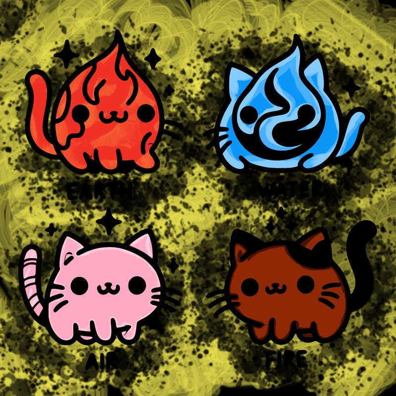 4 cats that represent the different elements, earth, water, air, and fire