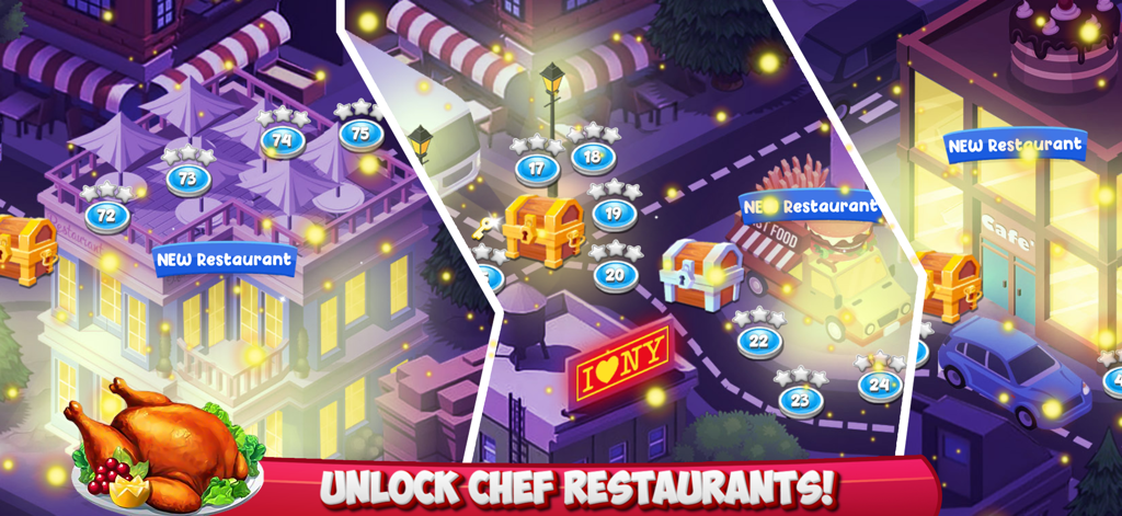 Cooking Mastery: Kitchen Games - Um mapa do jogo mostrando vários restaurantes e níveis desbloqueáveis de chefs em um cenário da cidade de Nova York.