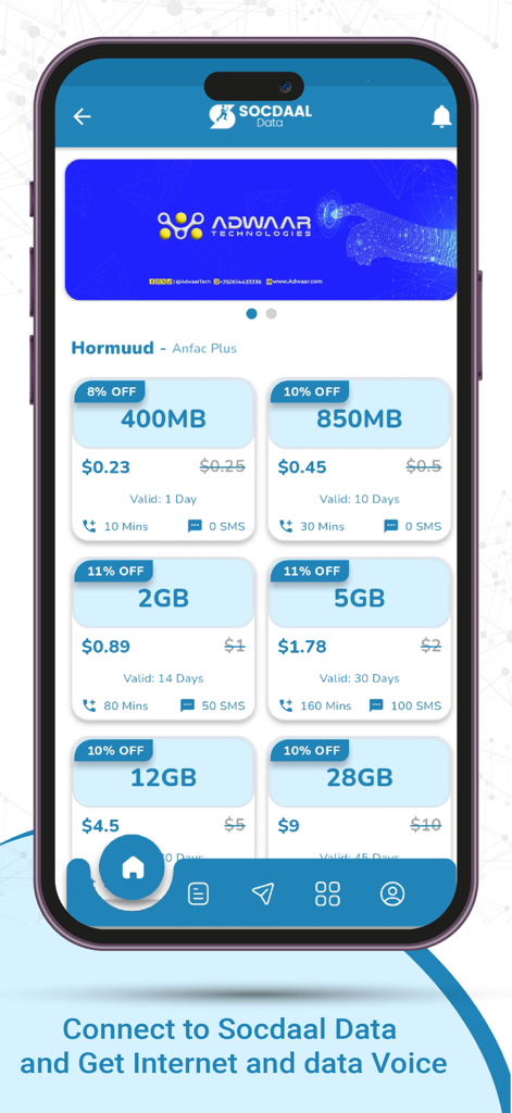 A mobile app interface of Socdaal Data displaying various Hormuud telecom data and voice plans for Somalia.